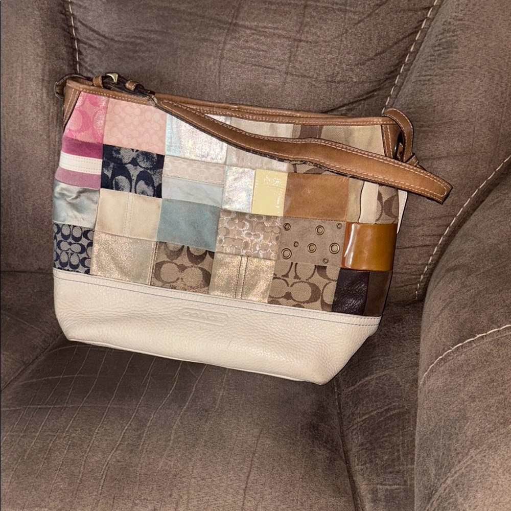 Coach Cream and Brown Shoulder Bag with Leather Strap